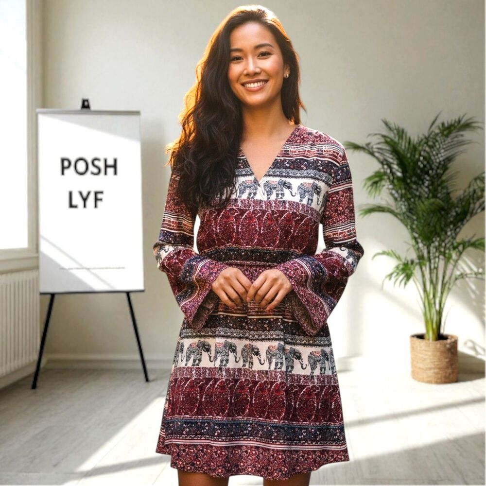 Live 4 Truth Elephant Print Long Sleeve V Neck Dress Burgundy Small